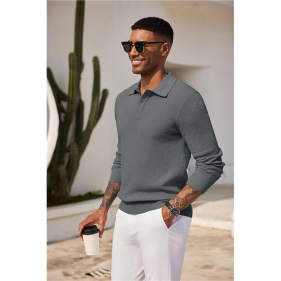 Mens Knit Polo Shirt Long Sleeve Casual Plain Waffle Textured Collared Sweater - Picture 2 of 6